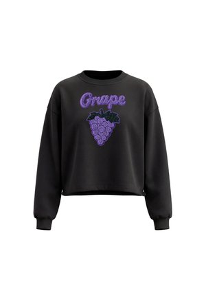 Sort cropped sweatshirt med lange ærmer, med lilla glitrende drueklase og ordet "Grape" broderet på forsiden.