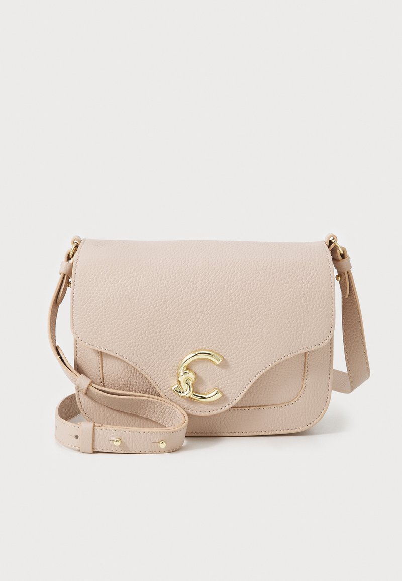 Gai pelēkā ādas crossbody soma ar salocītu vāku, zelta furnitūra un izteikta apaļa sprādze. Iekļauta regulējama siksna.