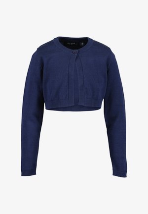 Granatowy krótki kardigan z miękkiej dzianiny, z okrągłym dekoltem, długimi rękawami i zapięciem na guziki z przodu.