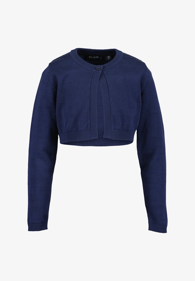 Granatowy krótki kardigan z miękkiej dzianiny, z okrągłym dekoltem, długimi rękawami i zapięciem na guziki z przodu.