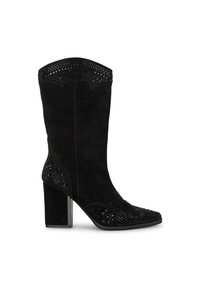 Stivali alla caviglia in suede nero con tacco largo, caratterizzati da dettagli in metallo e un bordo superiore sagomato per una silhouette definita.