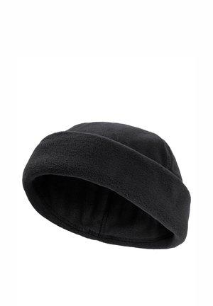 Zwarte fleece muts met omgeslagen rand, ontworpen voor warmte en comfort.