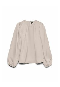 Lys beige bluse med lange puffermede ermer, rund halslinning og plisserte frontdetaljer, med nøkkelhullåpning på baksiden. Glatt stofftekstur.