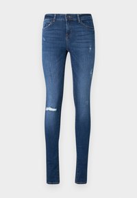Smal passform, mörkblå jeans med en blekt tvätt, slitna knän och femfickorsdesign. Tillverkad av denim med en lätt stretch.