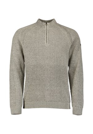 Grijze gebreide trui met een halve ritssluiting bij de kraag, gestructureerde stof, geribde boorden en zoom, en schouderdetails voor een extra ontwerp.