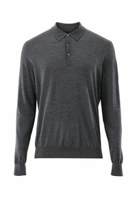 Dunkelgraues langärmeliges Strick-Poloshirt mit drei Knöpfen, gerippten Bündchen und Bund, auf weißem Hintergrund dargestellt.