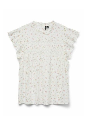 Blouse blanche à manches courtes avec un col rond, ornée de motifs floraux roses et verts, de détails smockés et de manches volantées.