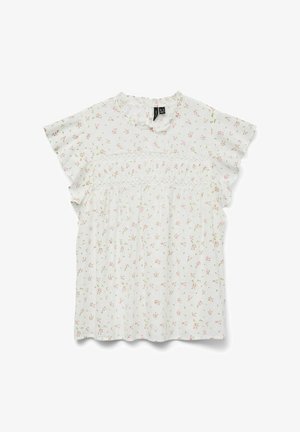 Blusa blanca de manga corta con cuello redondo, con patrones florales en tonos rosa y verde, detalles de smock y mangas con volantes.