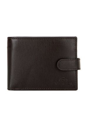 Brown leather wallet with a smooth texture, rectangular shape, stitched edges, and a snap closure. Features embossed logo on the front.