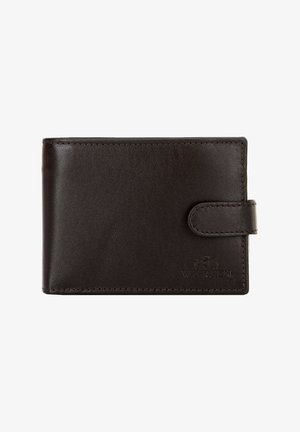 Bruine leren portemonnee met een gladde textuur, rechthoekige vorm, gestikte randen en een drukknoopsluiting. Voorzien van een gegraveerd logo aan de voorkant.