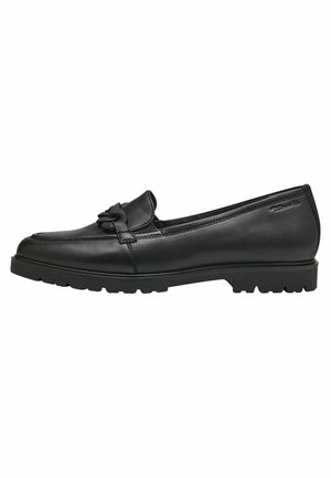 Black leather loafer with a rounded toe, featuring a decorative bow detail and a textured rubber sole for grip. Simple and flat design.