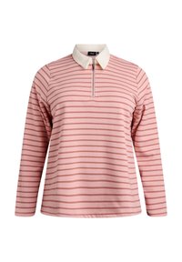 Polo a maniche lunghe di colore rosa chiaro con strisce orizzontali più scure, dotato di colletto con zip e tessuto morbido e strutturato.