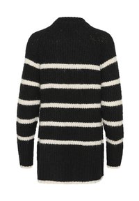 Juodai balta dryžuota megzta palaidinė su ilgomis rankovėmis ir apvalia iškirpte, pasižyminti laisvu, atsipalaidavusiu siluetu ir tekstūruotu siūlu.