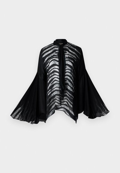 Black sheer kimono with wide bell sleeves, featuring silver-striped design along the front and elegant neck tie detail.