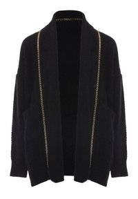 Svart cardigan i texturerat tyg med öppen front. Har guldkedjeaccents längs kanterna och två framfickor.