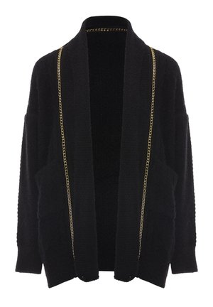 Sort cardigan lavet af struktureret stof med åben front. Udsmykket med gyldne kædeaccentuer langs kanterne og to forreste lommer.