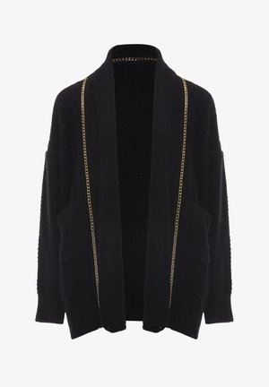 Sort cardigan lavet af struktureret stof med åben front. Udsmykket med gyldne kædeaccentuer langs kanterne og to forreste lommer.