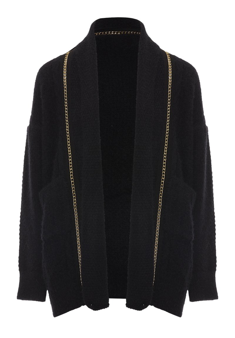 Svart cardigan i texturerat tyg med öppen front. Har guldkedjeaccents längs kanterna och två framfickor.