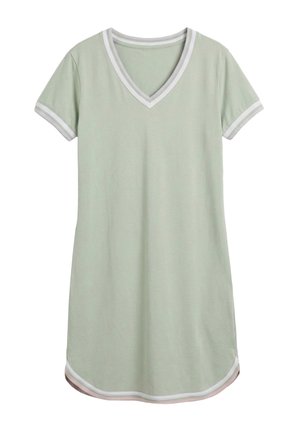 Rochie verde deschis cu mâneci scurte, cu margini albe la decolteu în V, la capetele mânecilor și la tivul rotunjit. Design simplu, casual.