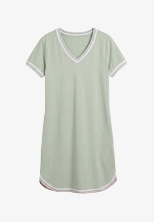 Rochie verde deschis cu mâneci scurte, cu margini albe la decolteu în V, la capetele mânecilor și la tivul rotunjit. Design simplu, casual.