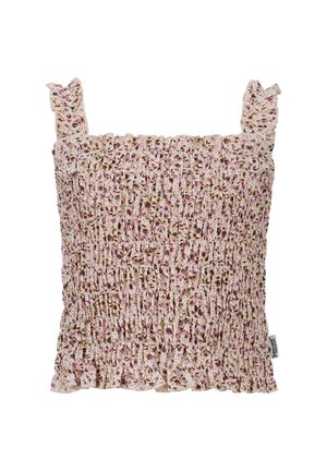 Top smock senza maniche con spalline arricciate, con motivo floreale in toni rosa, marrone e beige su uno sfondo chiaro.