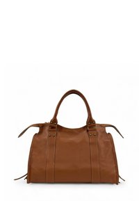 Sac à main en cuir marron avec une finition texturée, forme arrondie, double poignée supérieure et détails décoratifs en métal doré sur les côtés.