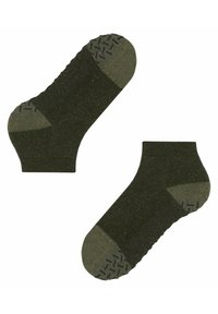 Grüne Knöchelsocken mit strukturiertem Griffmuster an der Sohle, hergestellt aus einem weichen, gemischten Material mit kontrastierenden grauen Akzenten an Ferse und Zehen.