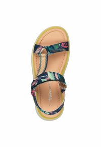 Sandali con motivo floreale, suola interna beige, suola gialla flessibile e cinturini regolabili. Presentano un'accento metallico sul cinturino.