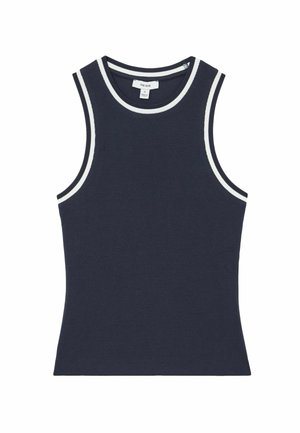 Tmavomodré rebrované tielko bez rukávov s bielym lemovaním okolo armholes a výstrihu, veľkosť malá s viditeľnou značkovou nálepkou.