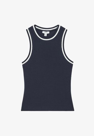 Brezrokavnik iz mornarsko modrega rebrastega materiala z belim robom okoli odprtin za roke in izreza, velikost majhna z vidno oznako blagovne znamke.