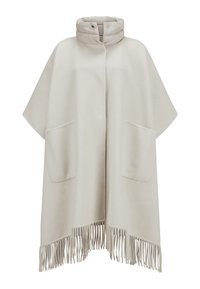 Helles beiges Poncho mit hohem Kragen und Druckknopfverschluss. Verfügt über zwei Vordertaschen und einen fransigen Saum. Weicher Stoff und lockere Passform.