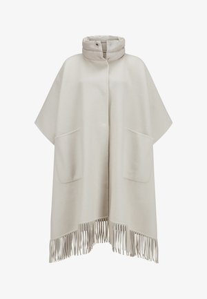 Helles beiges Poncho mit hohem Kragen und Druckknopfverschluss. Verfügt über zwei Vordertaschen und einen fransigen Saum. Weicher Stoff und lockere Passform.