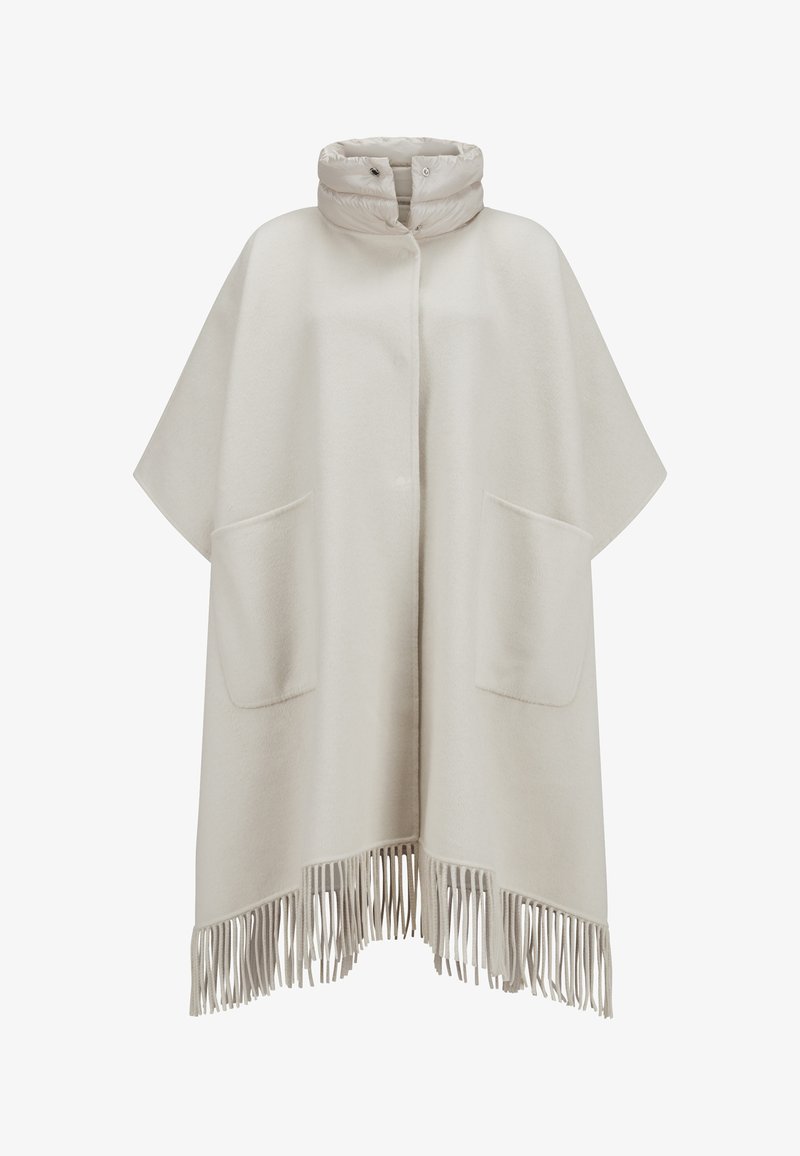 Helles beiges Poncho mit hohem Kragen und Druckknopfverschluss. Verfügt über zwei Vordertaschen und einen fransigen Saum. Weicher Stoff und lockere Passform.