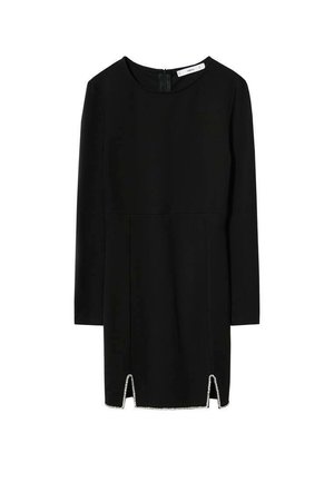 Sort minikjole med lange ærmer, rund halsudskæring og to små frontslids pyntet med sølv rhinstenkant.