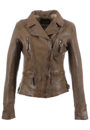 Veste en cuir marron avec un design structuré, comportant des zips, un col en V et une finition texturée. Poches fonctionnelles à l'avant.