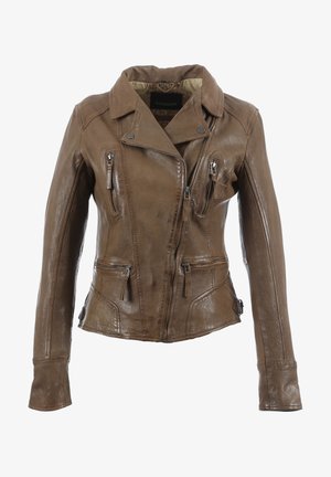 Bruine leren jas met een gestructureerd ontwerp, voorzien van ritsen, een geknipte kraag en een gestructureerde afwerking. Functionele zakken aan de voorkant.