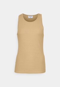 Débardeur beige côtelé sans manches avec encolure ronde et étiquette indiquant "FILIPPA K" à l’intérieur du col sur fond blanc.