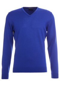 V-Ausschnitt Pullover in leuchtendem Blau, aus glattem Wollmaterial gefertigt. Hat lange Ärmel, gerippte Bündchen und einen taillierten Saum.
