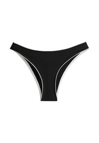 Bas de bikini noir avec bordure blanche, taille basse et couverture modérée sur fond blanc.