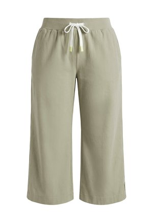 Lichtolijfgroene wijde broek met elastische tailleband en witte trekkoord, cropped lengte, zacht materiaal.