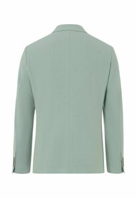 Hellgrüne maßgeschneiderte Jacke mit glatter Textur, Einzelbelüftung auf der Rückseite und Knopfdetails an den Ärmelabschlüssen.