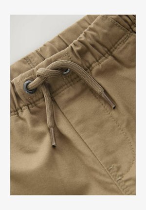 Kaki kratke hlače s elastičnim pojasom i vezicom. Tkanina je glatka s blagim sjajem, sadrži smeđi užad za prilagodbu.