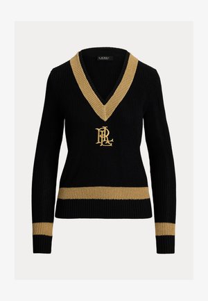 Melna džemperis ar V veida kaklu, zelta ribota akcenti apkaklē un apakšmalā, un izšūts logs centrā priekšā. Adīta tekstūra.