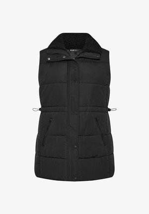 Czarna kamizelka puchowa z wysokim kołnierzem, zamkiem błyskawicznym i zapięciem na napy z przodu, dwoma zamykanymi na zamek kieszeniami po bokach oraz regulowanym sznurkiem w talii.