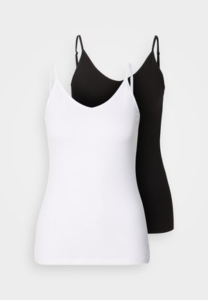 Two sleeveless v-neck tank tops in black and white. Made of smooth fabric, featuring thin straps and a fitted design.