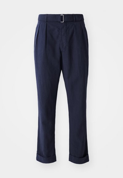 Navy blue trousers made from lightweight fabric, featuring a belt with a silver buckle, pleats at the front, and rolled cuffs at the ankles.