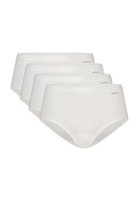 Witte katoenen slipset, met een gladde textuur, elastische tailleband en subtiele logo-detail. Vier paar weergegeven in een gestapelde opstelling.