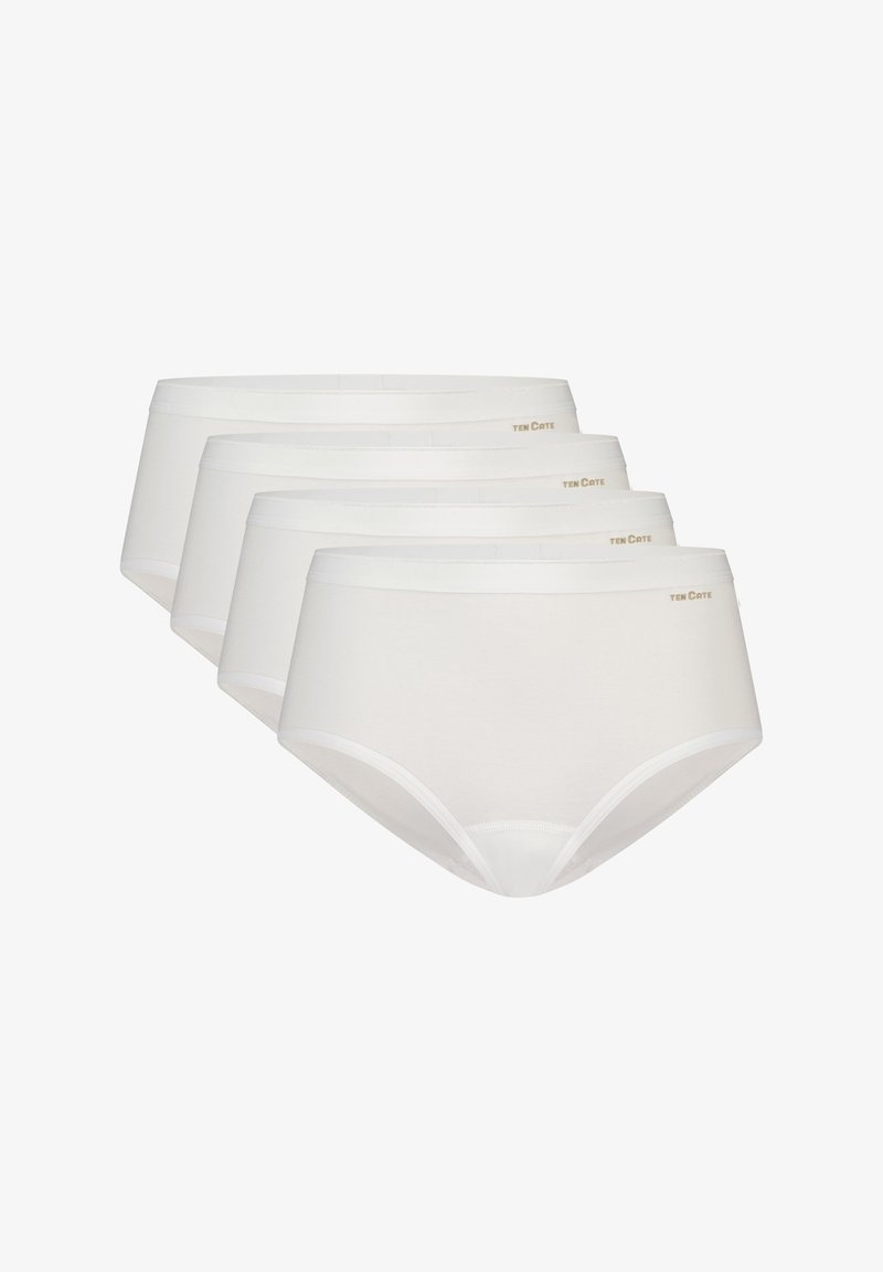 Witte katoenen slipset, met een gladde textuur, elastische tailleband en subtiele logo-detail. Vier paar weergegeven in een gestapelde opstelling.