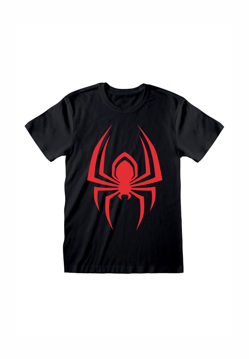 T-shirt en coton noir avec un grand graphisme d'araignée rouge au centre, mettant en avant un design angulaire avec des membres proéminents.