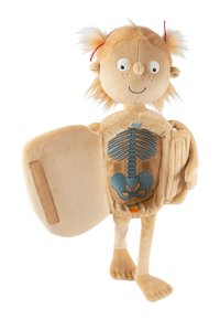 Child’s plush doll with red hair pigtails, open torso flap showing blue embroidered ribcage and pelvis bones inside.